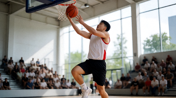 NBA篮球比赛场馆内球员跳投瞬间与观众席